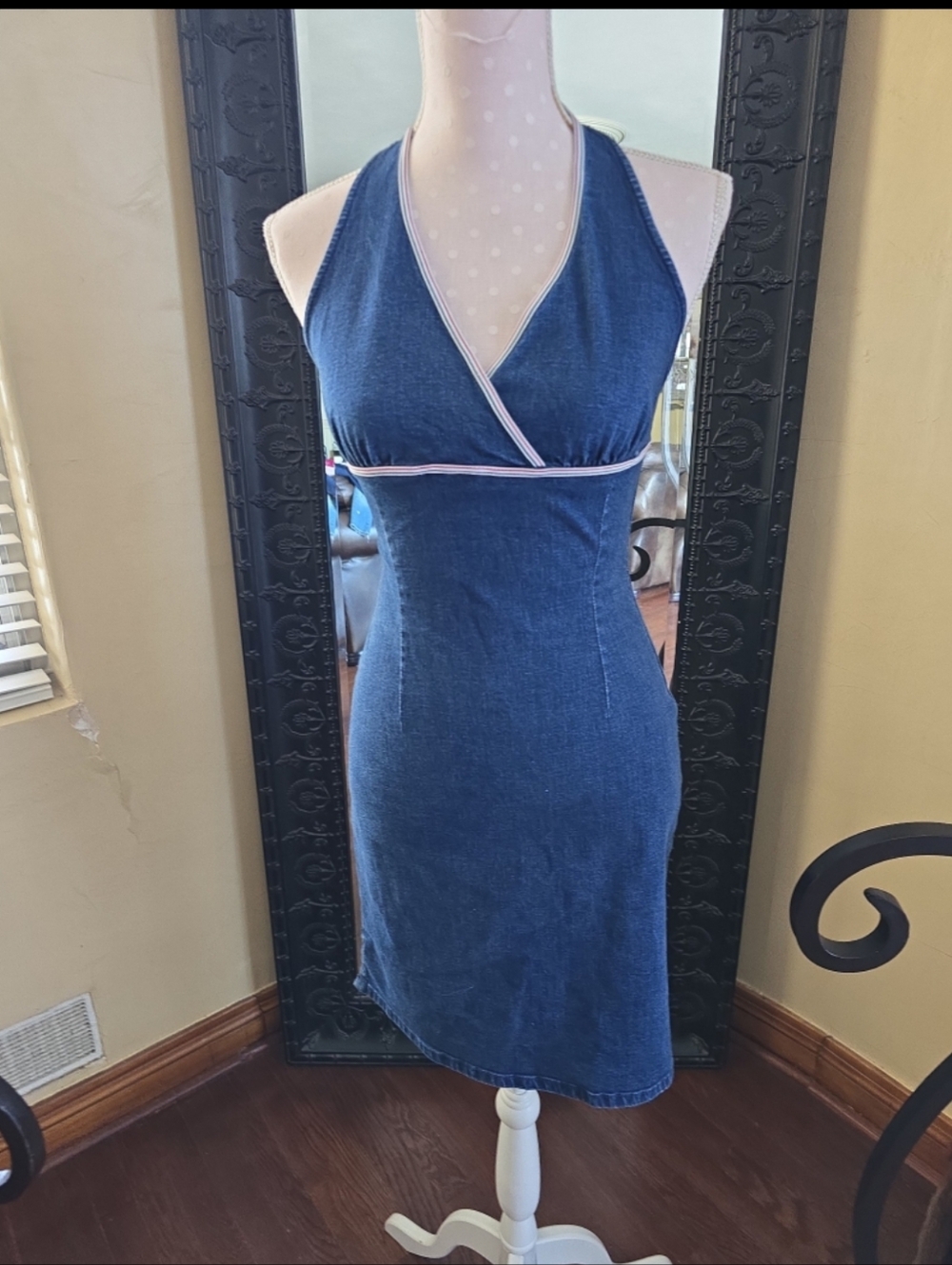 Tommy Hilfiger Blue Denim Halter Mini Dress with Contrast Trim